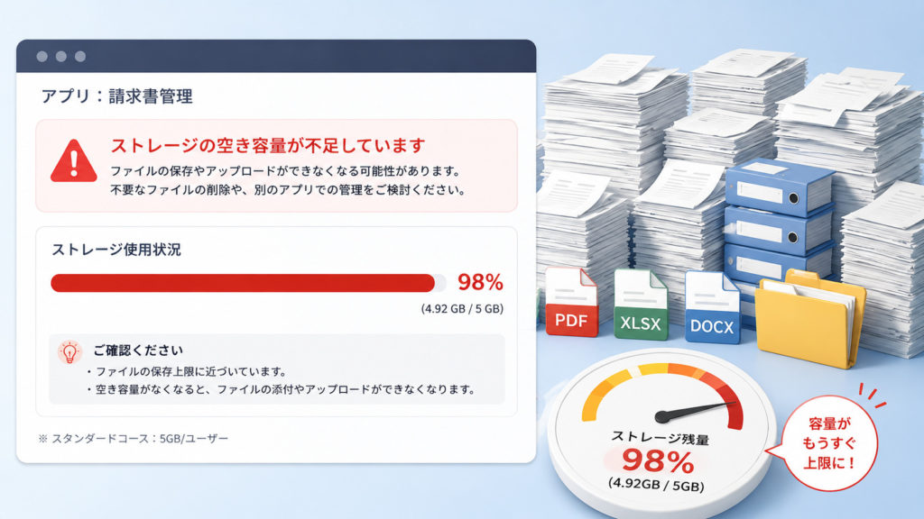 kintoneのストレージ残量が少なくなっている警告画面